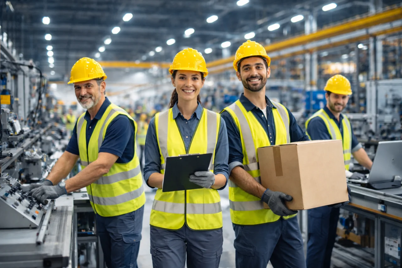 Industriehelfer bei Besprechung und Einsatzplanung in einer Montagehalle. Strukturierte Koordination von Personal für Industrie und Produktion.