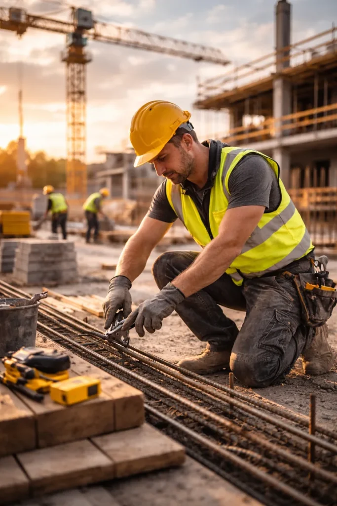 Bauhelfer bei Arbeiten auf der Baustelle. Unterstützung für Rohbau, Ausbau und Baustellenlogistik bundesweit.