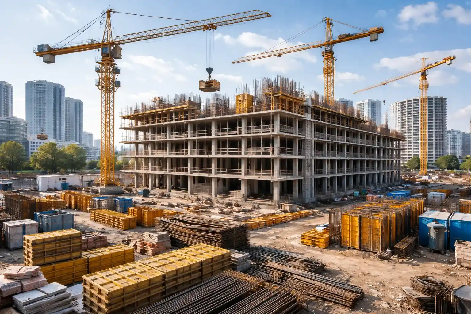 Bauhelfer für Hochbau arbeiten an einer Glasfassade in großer Höhe an einem Hochhaus in urbaner Umgebung.