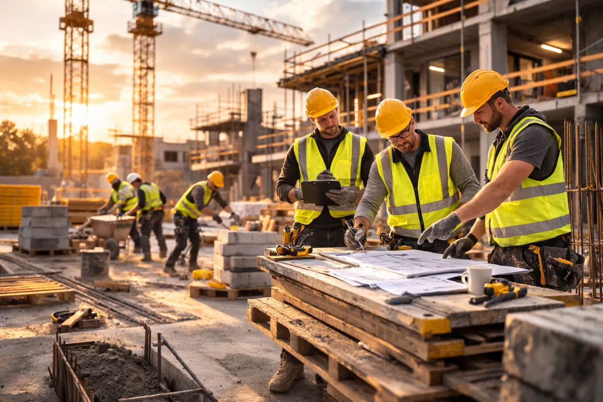 Bauhelfer bei der Baustellenplanung und Organisation. Koordinierte Abläufe durch Personal-Finden24.