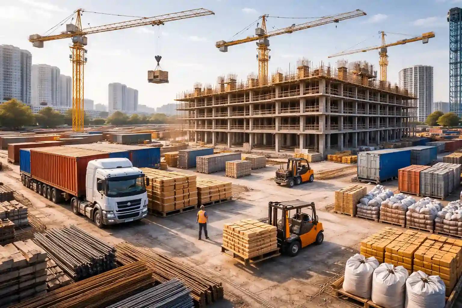 Helfer für Baustellenlogistik auf einer Rohbau Baustelle mit Containerflächen, Kran und organisierten Materialzonen.