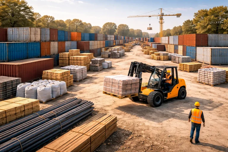 Helfer für Baustellenlogistik mit Stapler im Containerlager auf einer großflächigen Baustelle.