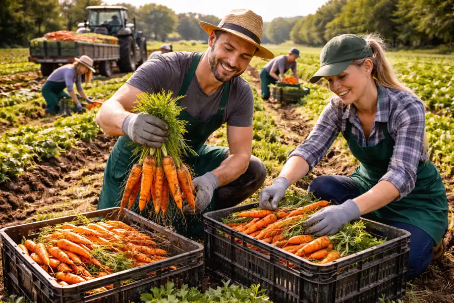 Erntehelfer bei der Karottenernte während einer intensiven Gemüseernte.