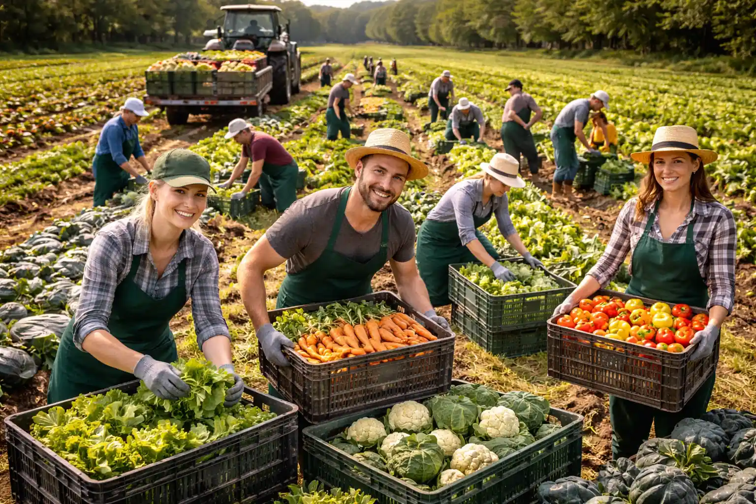 Erntehelfer bei der Gemüseernte mit mehreren Helfern auf dem Feld.