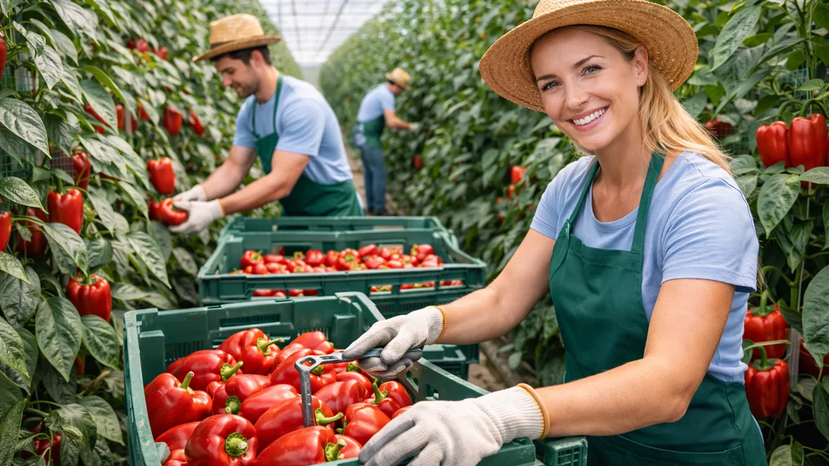 Erntehelfer bei der Gemüseernte im Gewächshaus für saisonale Landwirtschaftseinsätze