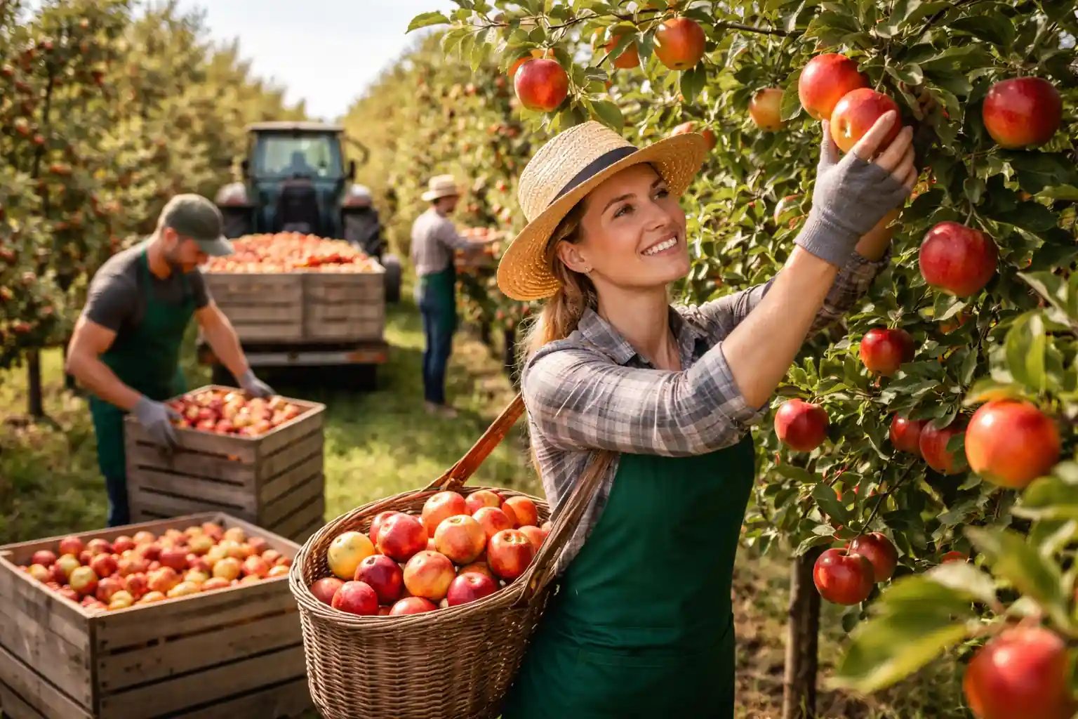 Erntehelfer bei der Obsternte in einer Plantage während der laufenden Apfelernte.