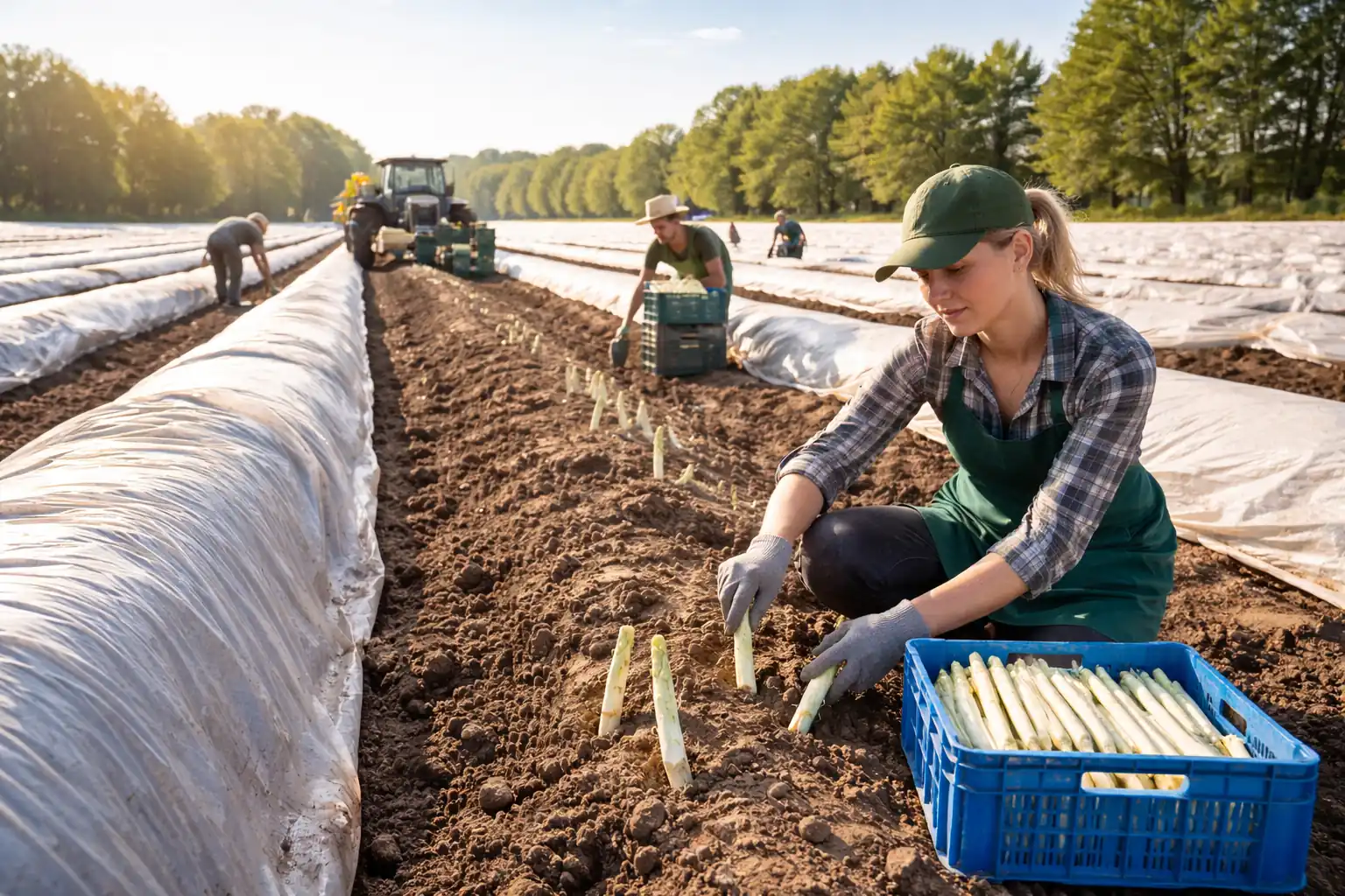 Erntehelfer bei der Spargelernte auf dem Feld im saisonalen Einsatz.