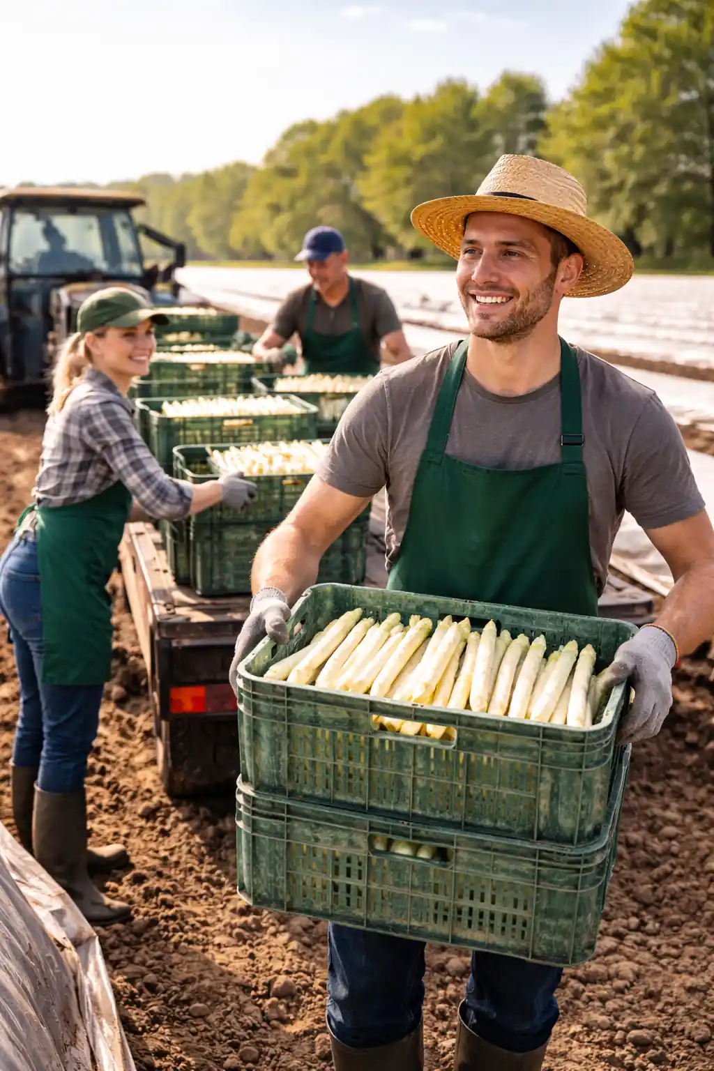 Erntehelfer bei der Spargelernte mit Kisten und Transport im laufenden Einsatz.