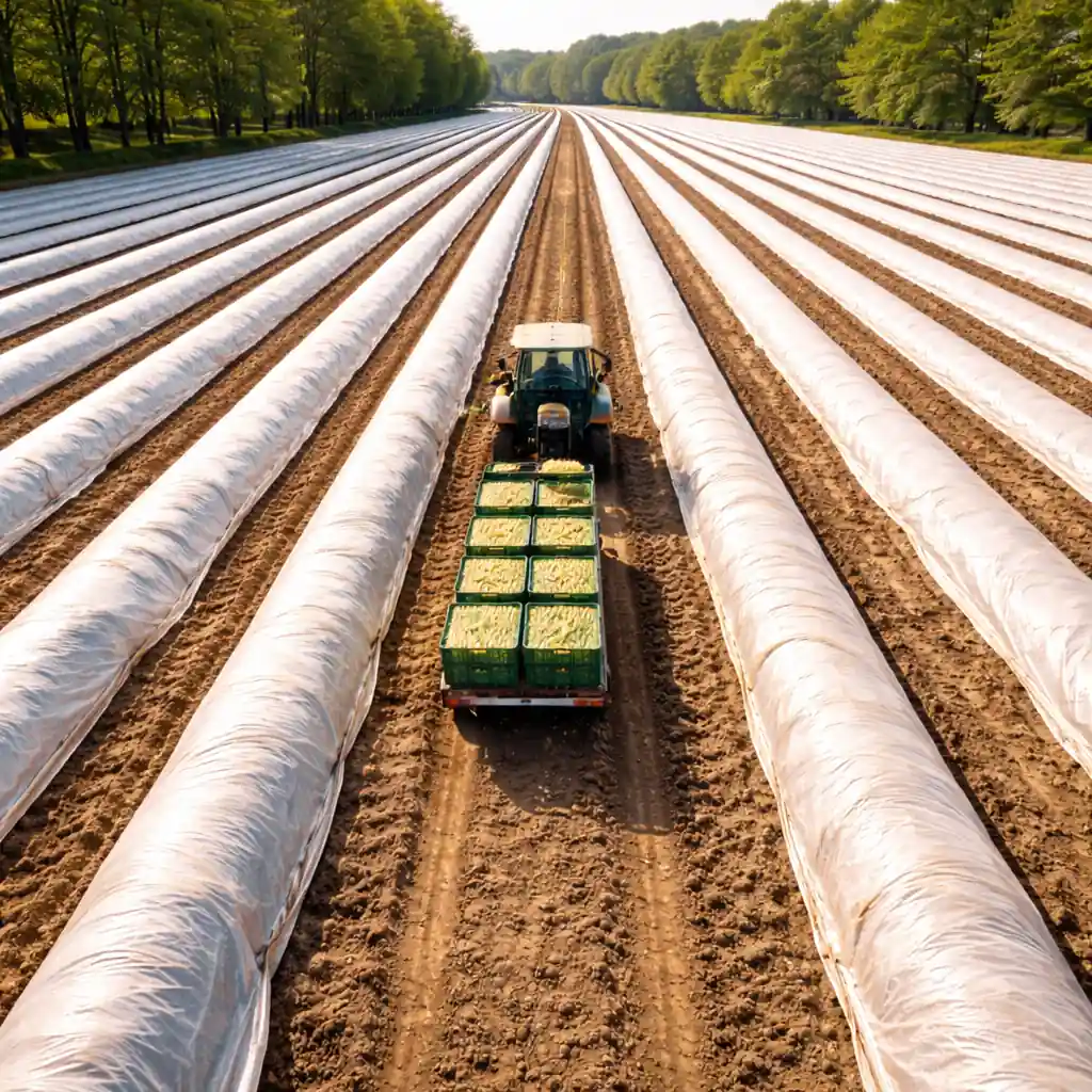 Spargelfeld aus der Luft mit laufender Feldarbeit und saisonalen Ernteflächen.