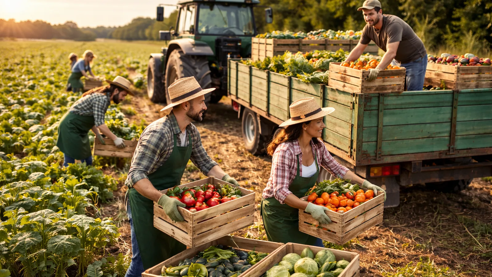 Erntehelfer beim Verladen von Gemüsekisten auf dem Feld