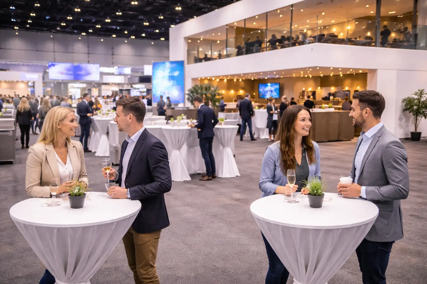 Event in einer Messehalle mit Networking, Besuchern und professionellem Veranstaltungsumfeld.