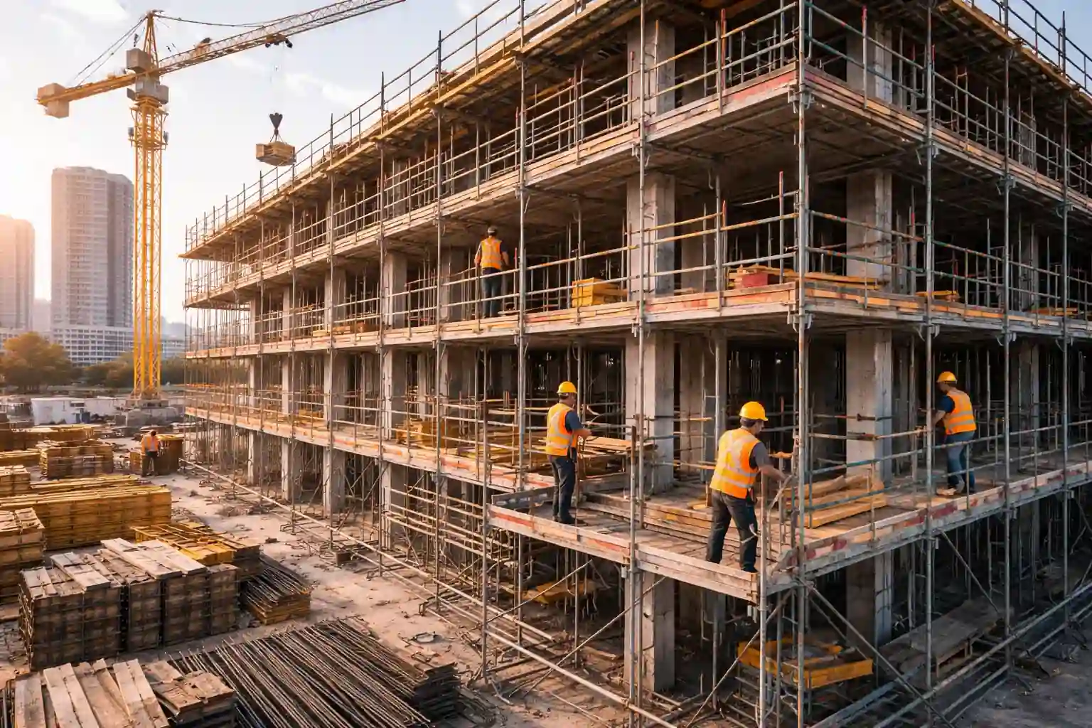 Bauhelfer für Hochbau auf einem Gerüst an einem Rohbau mit mehreren Etagen und typischen Arbeiten auf einer Hochbau Baustelle.