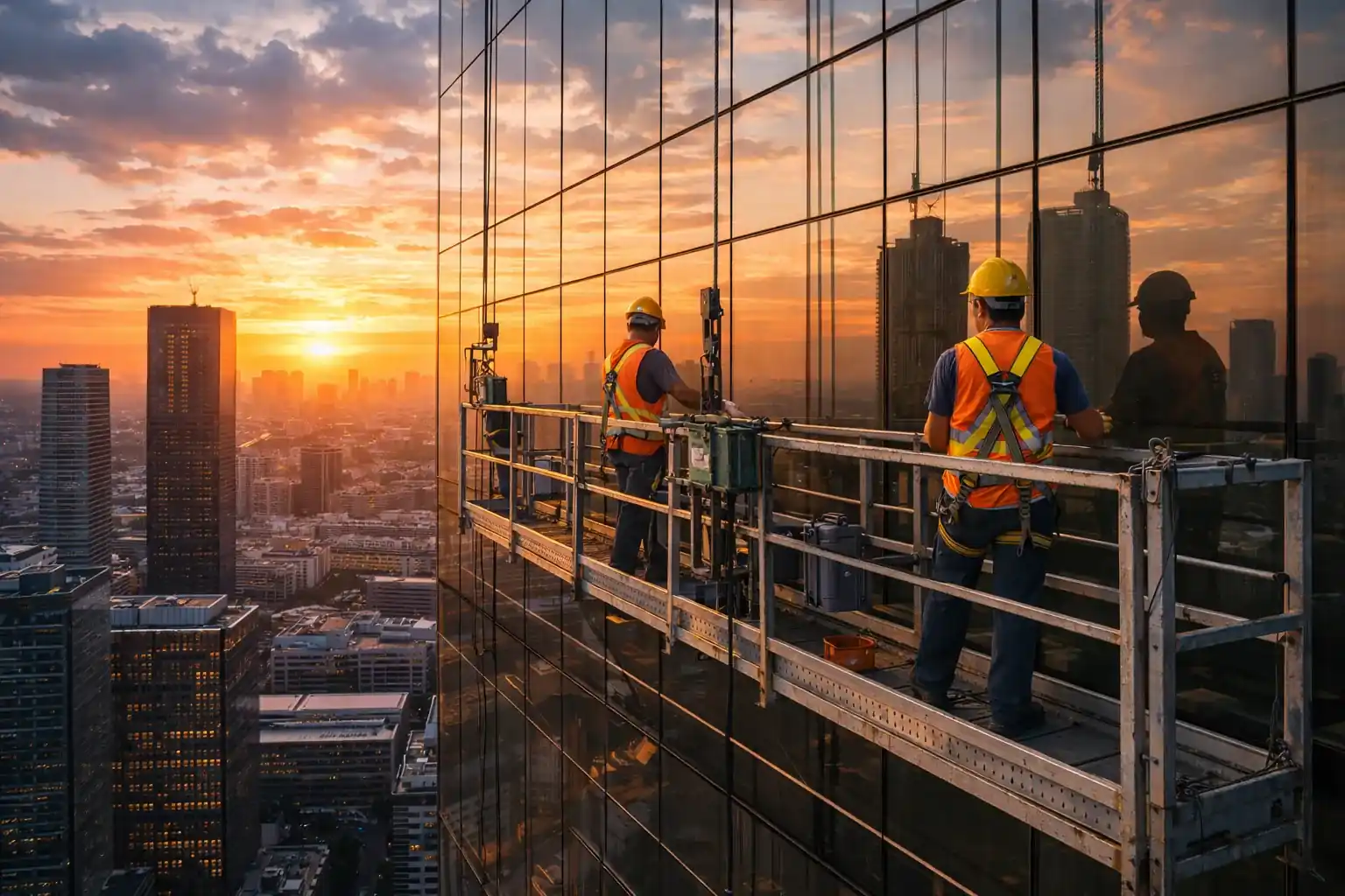 Hochbau Baustelle mit Kränen, Rohbau eines mehrstöckigen Gebäudes und typischen Materialflächen für Bauhelfer im Hochbau.