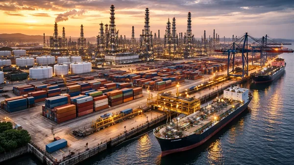 Montagehelfer Industrie auf einem großflächigen Industrie- und Hafenareal mit Containerterminal, Energieanlage und technischer Infrastruktur.