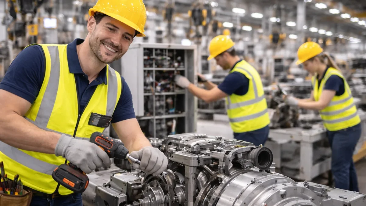 Montagehelfer Industrie bei Montagearbeiten an Maschinen und technischen Anlagen in einer modernen Industriehalle.