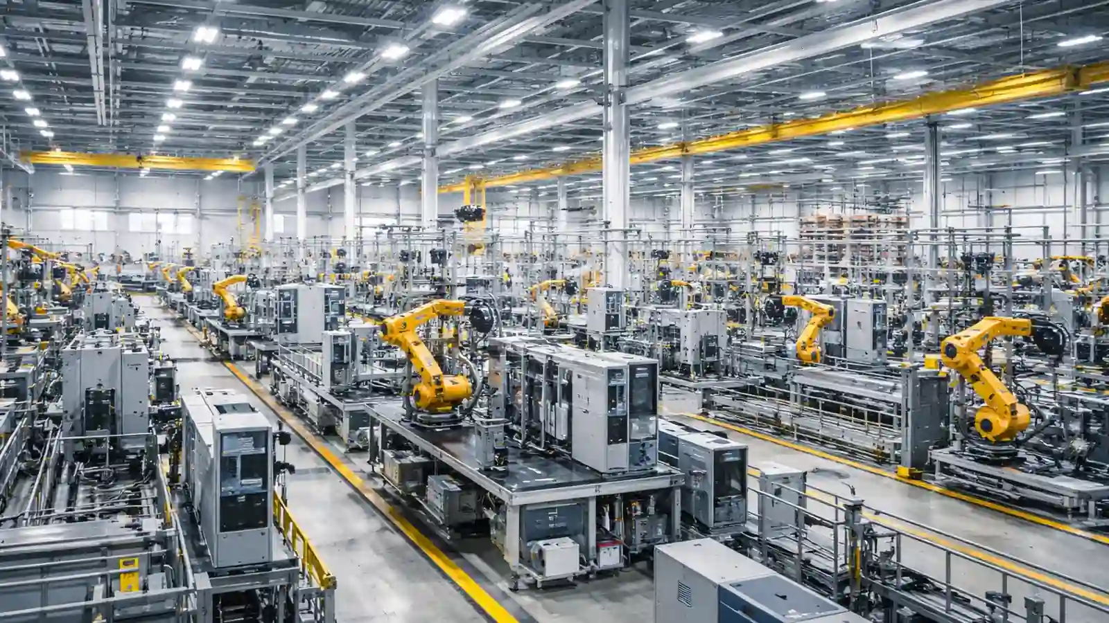 Montagehelfer Industrie in einer großen Produktionshalle mit automatisierten Fertigungslinien und technischen Anlagen.