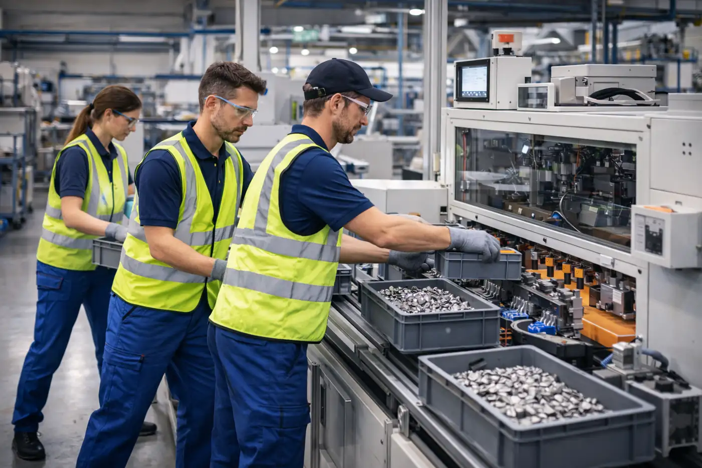 Industriehelfer in einer modernen Produktionshalle bei unterstützenden Tätigkeiten im Bereich Anlagenbestückung.