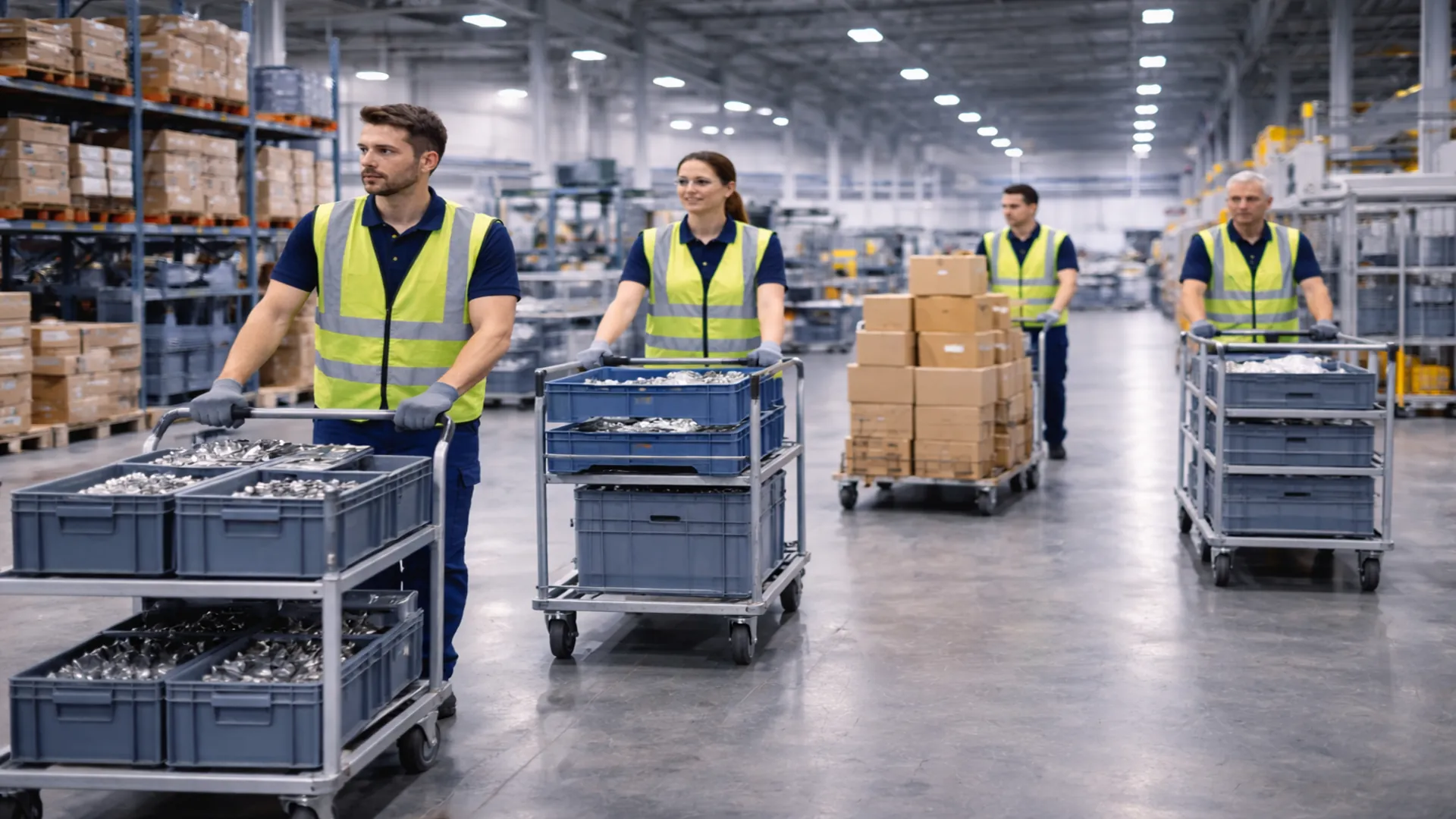 Industriehelfer Materialbereitstellung in einer modernen Produktionshalle mit Materialfluss, Logistik und vorbereiteten Arbeitsbereichen.