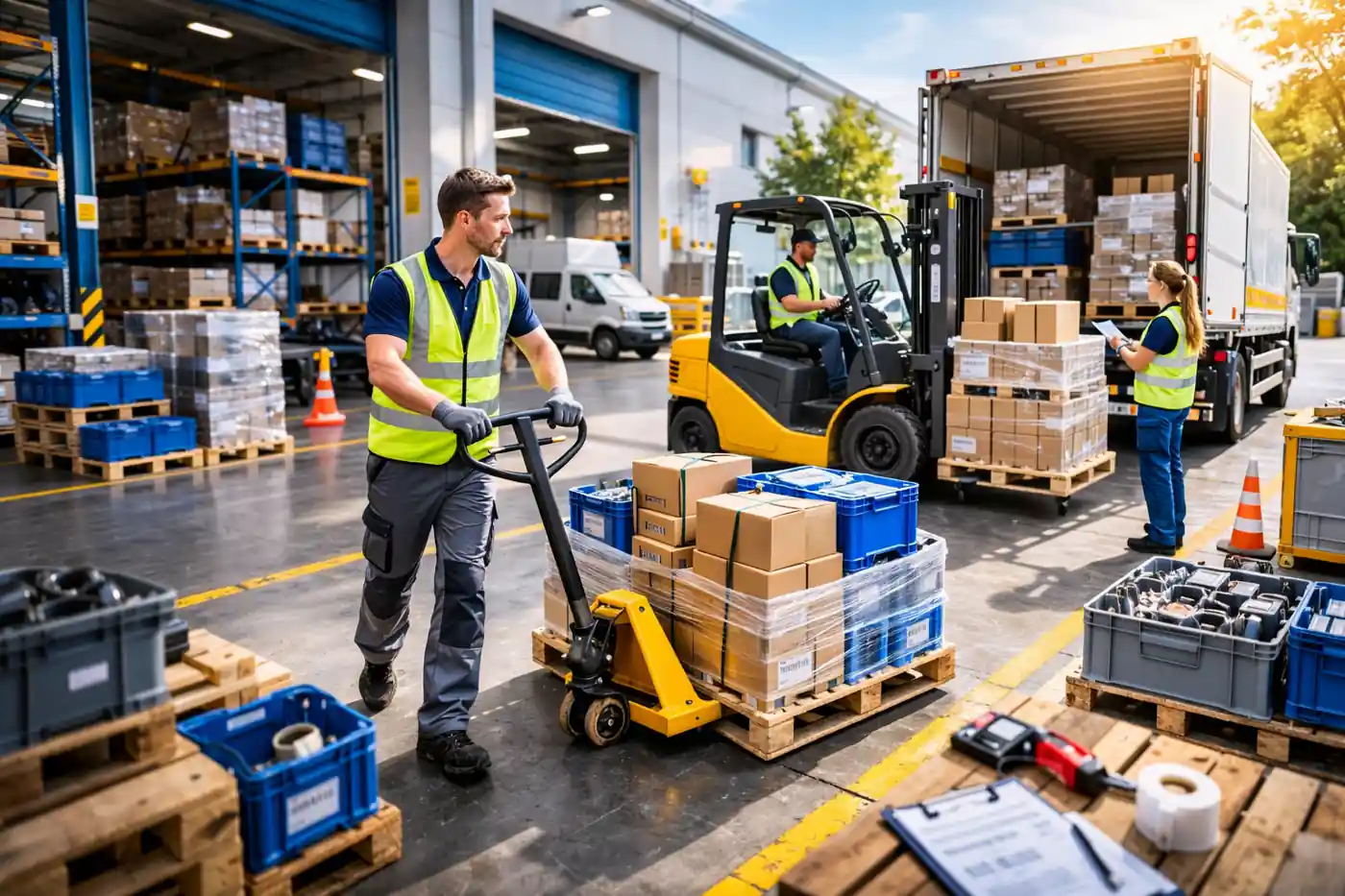 Industriehelfer Materialbereitstellung in einer Logistikhalle mit Warenfluss, Materialwagen und vorbereiteten Produktionsmaterialien.