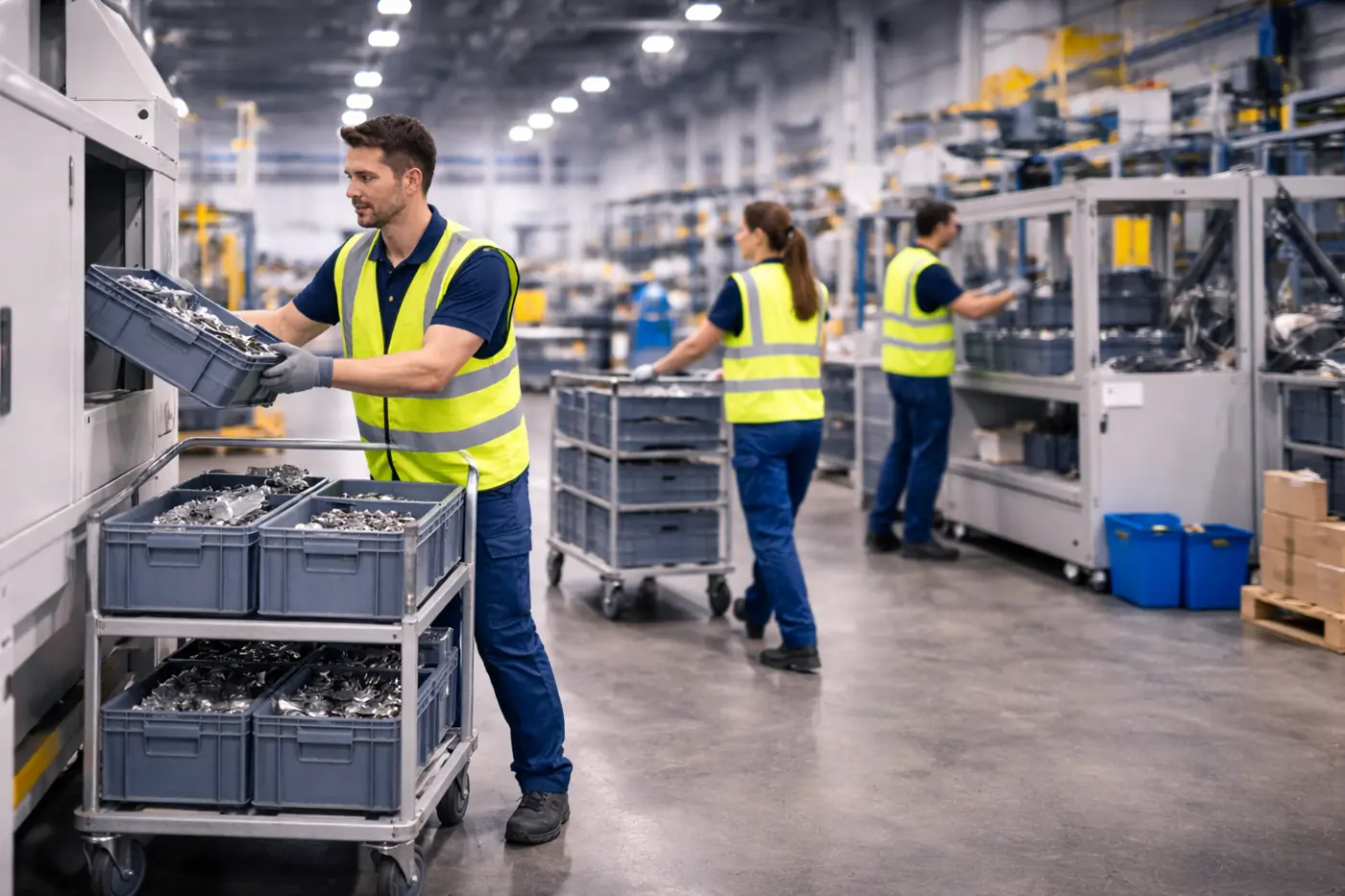 Industriehelfer für Materialbereitstellung in einer Produktionshalle mit geregelten Abläufen und Materialversorgung.