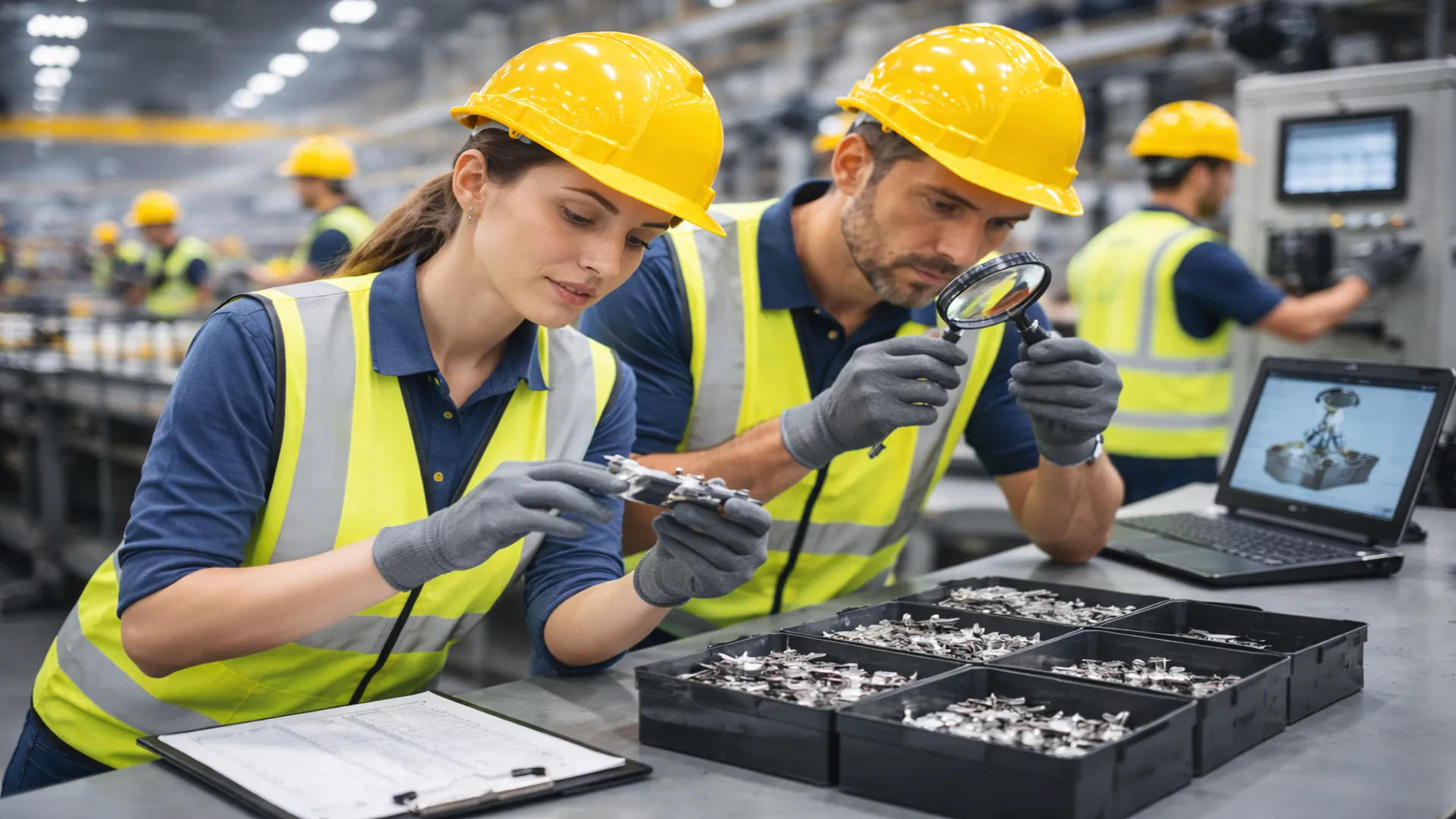 Industriehelfer für Qualitätskontrolle in einer modernen Produktionsumgebung mit fokussierter Sichtprüfung.