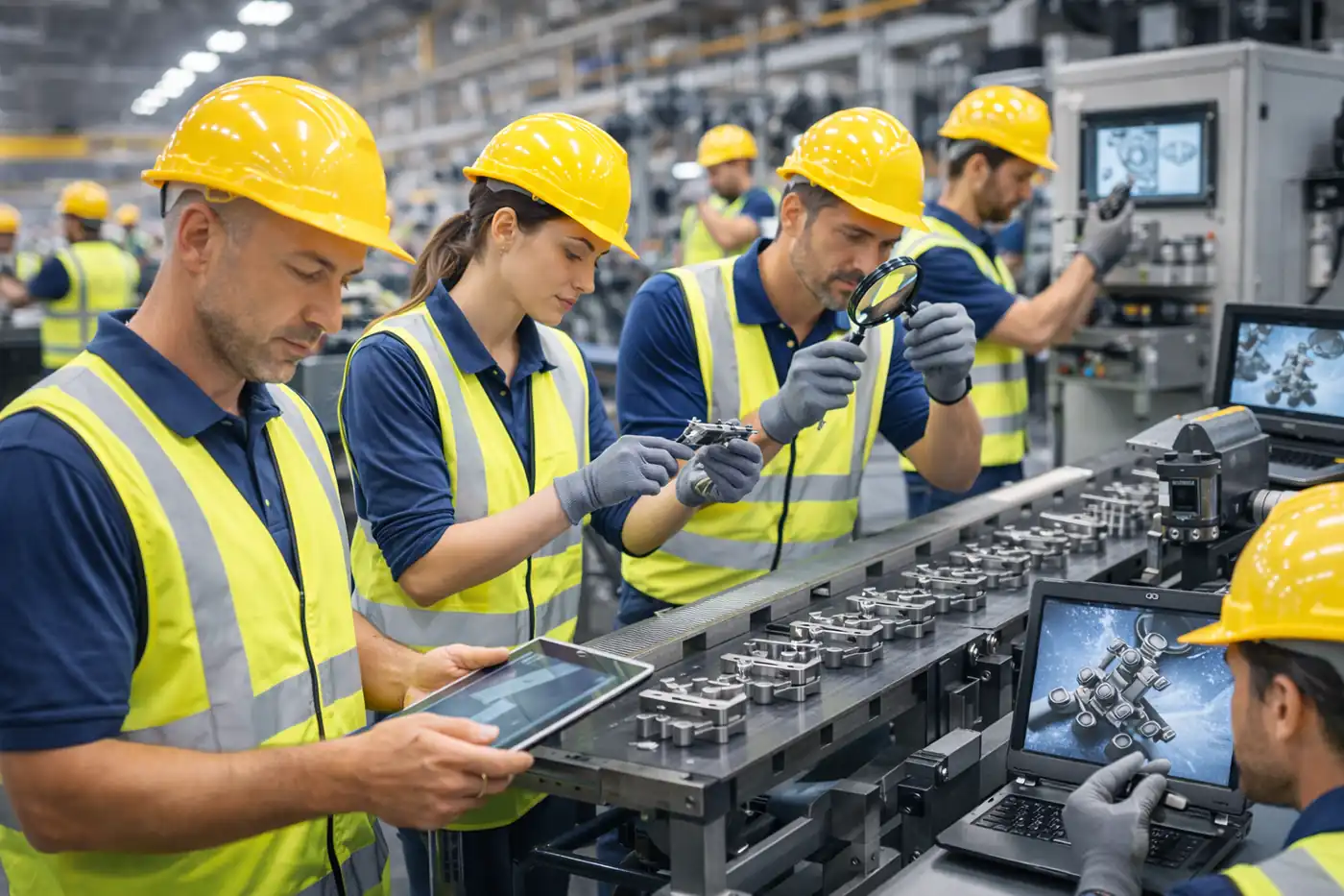 Industriehelfer Team in der Qualitätskontrolle bei strukturierten Prüf und Kontrollabläufen.