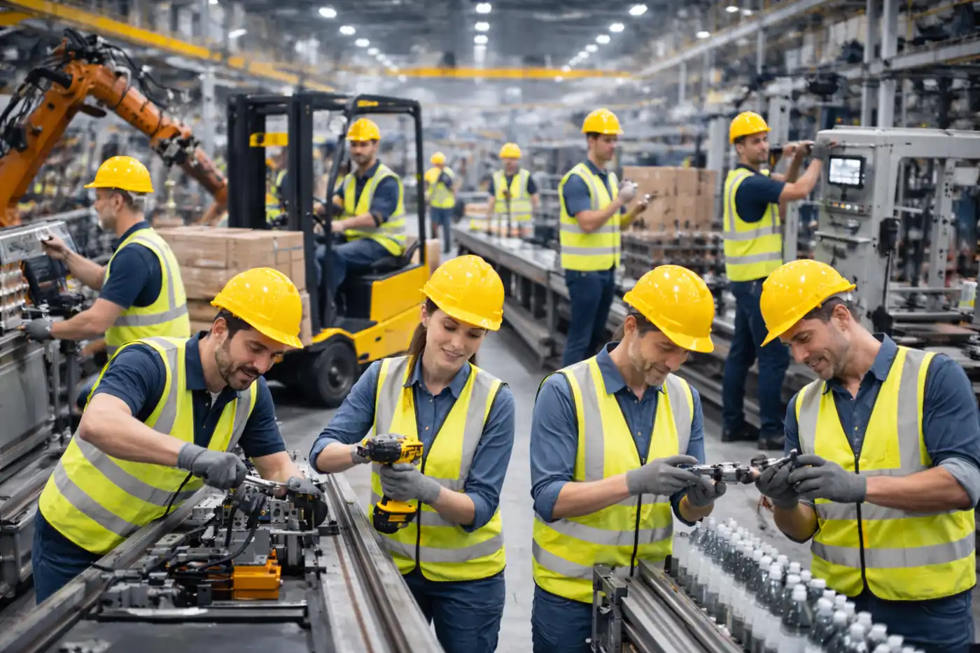 Industriehelfer bei Teamarbeit in einer Fabrik. Gemeinsame Unterstützung für Produktion, Montage und betriebliche Abläufe.