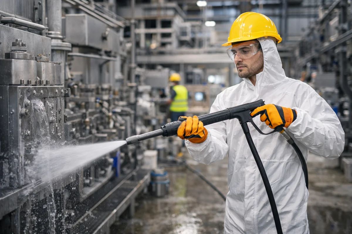 Industriehelfer bei der Reinigung einer Industrieanlage. Personal-Finden24 koordiniert Reinigungseinsätze bundesweit.