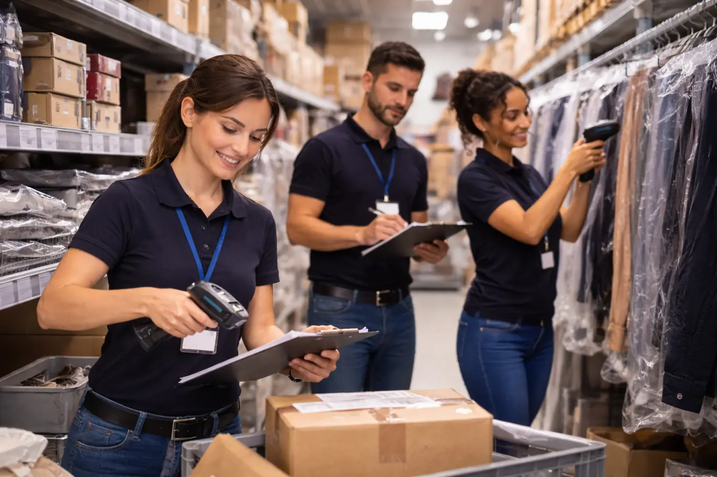 Inventurhelfer Einzelhandel bei einer strukturierten Inventur in einer Filiale mit Regalreihen und laufender Bestandsaufnahme.