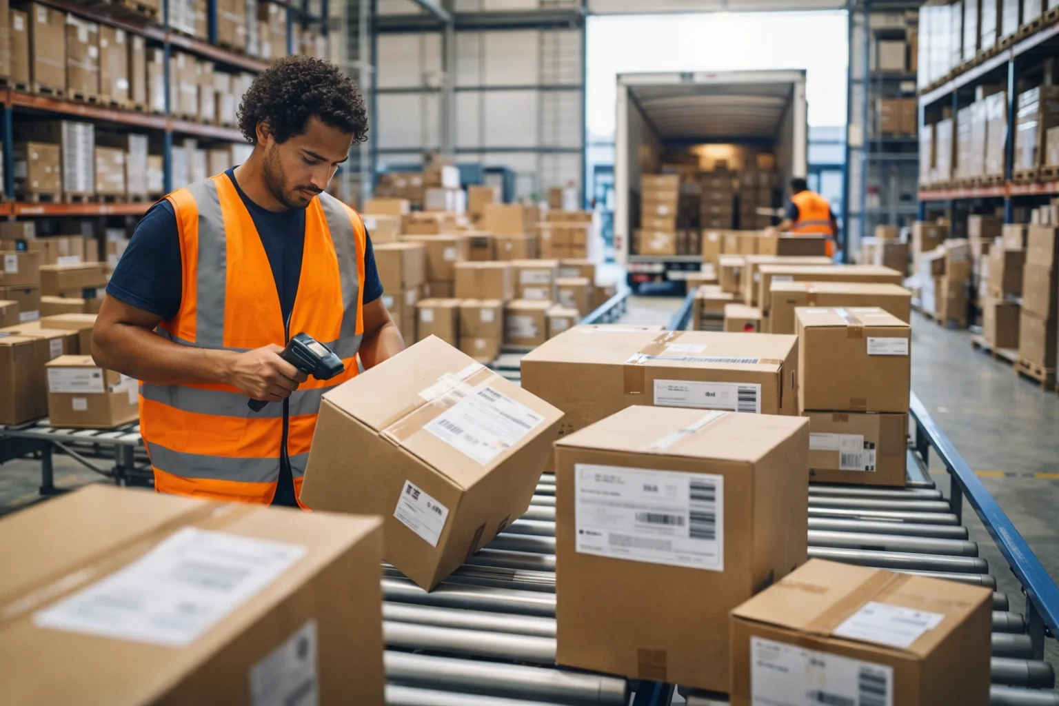 Inventurhelfer Lagerinventur bei der Arbeit in einem Lager mit Regalsystemen, Artikelerfassung und strukturierter Zählung.