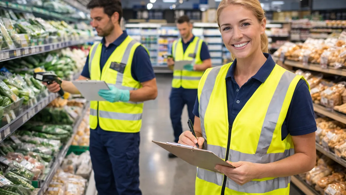 Inventurhelfer im Supermarkt bei Bestandsaufnahme und Warenerfassung