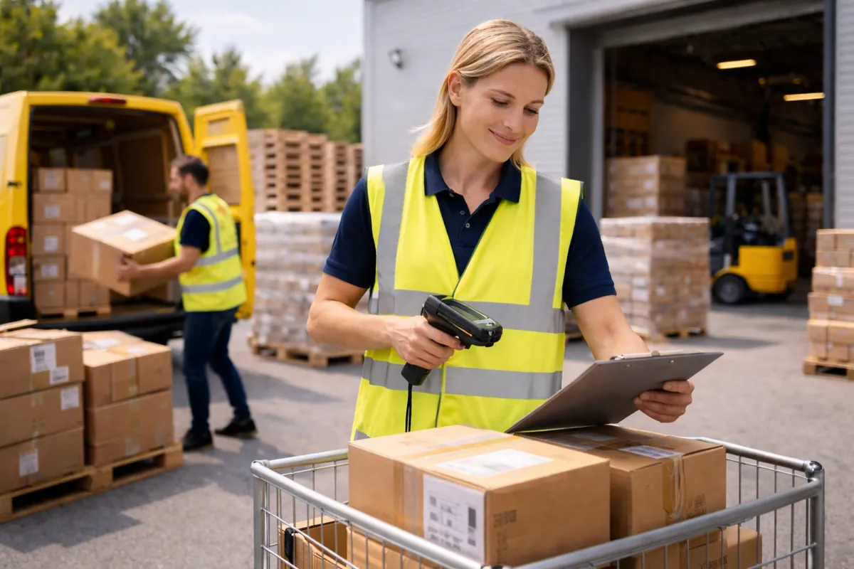 Logistikhelfer in der Kommissionierung an einem Lagerstandort mit strukturierten Prozessen und modernen Lagerflächen.