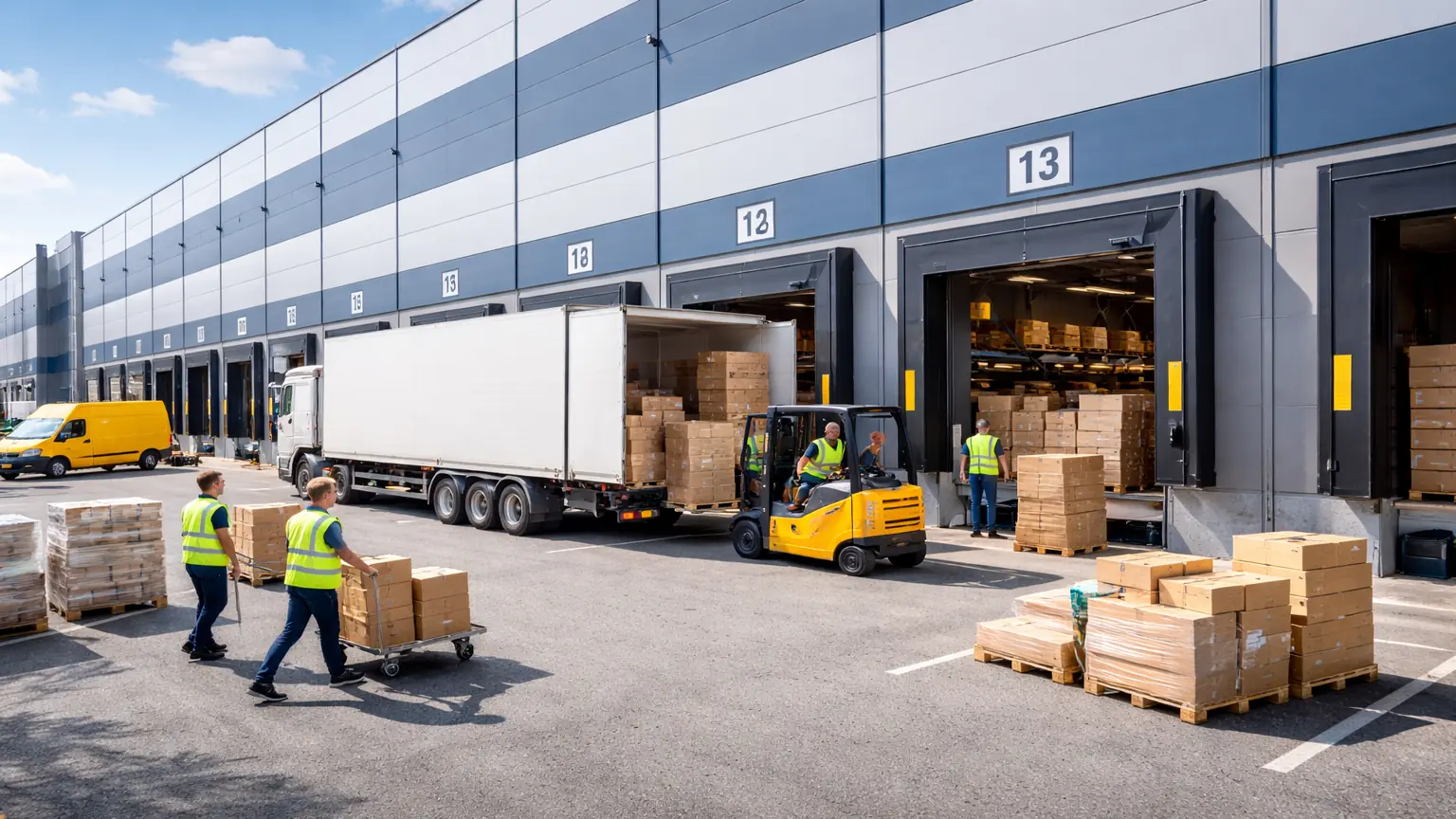 Außenansicht eines Lagerstandorts für Kommissionierung mit modernen Logistikflächen und strukturierten Prozessen.