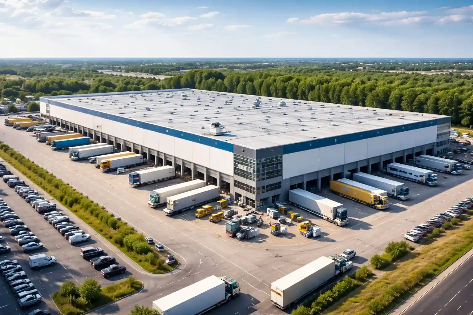Großes Logistikzentrum mit weitläufigen Lagerflächen als Beispiel für ein Großlager mit hohem Warenumschlag.