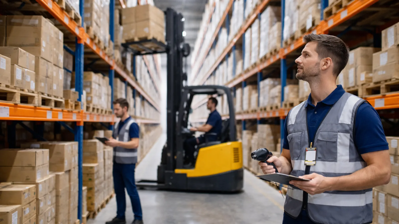 Lagerhelfer im Hochregallager mit Stapler. Unterstützung für Einlagerung, Umlagerung und interne Transporte.