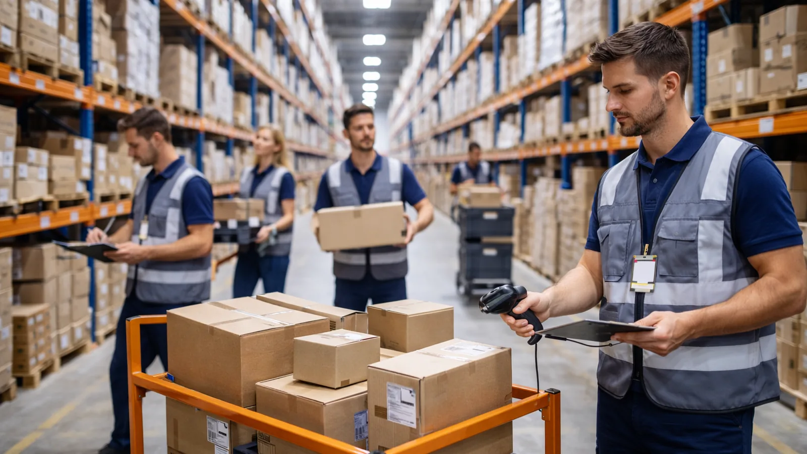 Lagerhelfer bei der Kommissionierung im Großlager. Unterstützung für Pickprozesse, Verpackung und Versandvorbereitung.