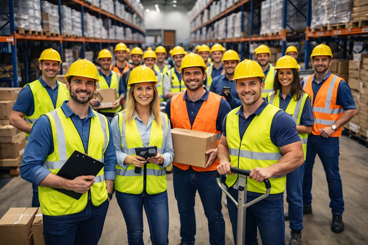Lagerteam und Logistikhelfer bei der Einsatzabstimmung im Lager. Personal-Finden24 koordiniert Helferpersonal bundesweit.
