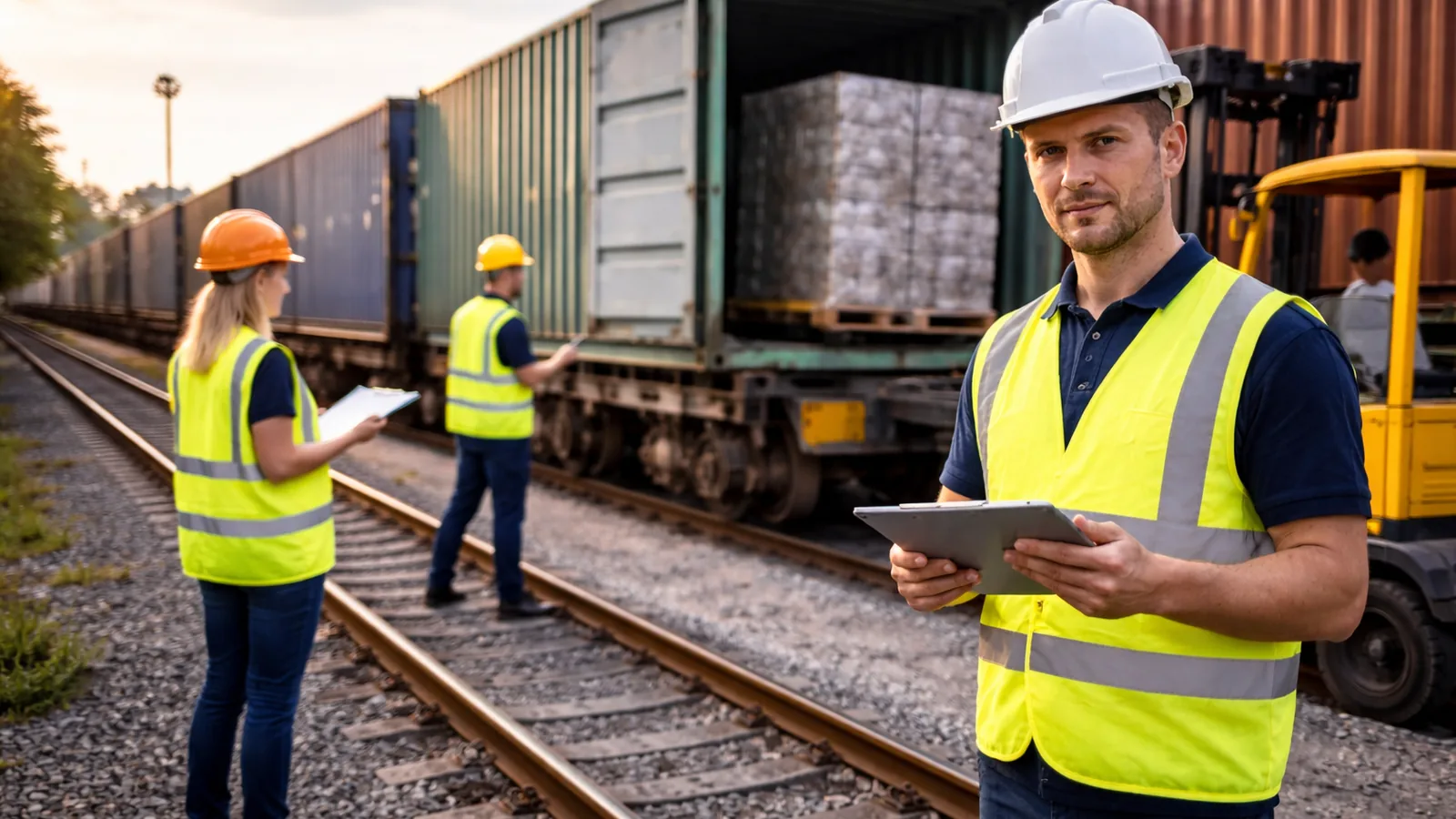 Logistikhelfer im Umfeld der Bahnlogistik mit Güterzug. Unterstützung bei Umschlag, Verladung und Transportprozessen bundesweit.