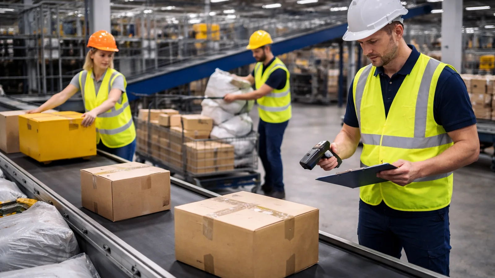 Logistikhelfer an Fördertechnik im Lager. Unterstützung bei Sortierung, Transport und Warenfluss bundesweit.