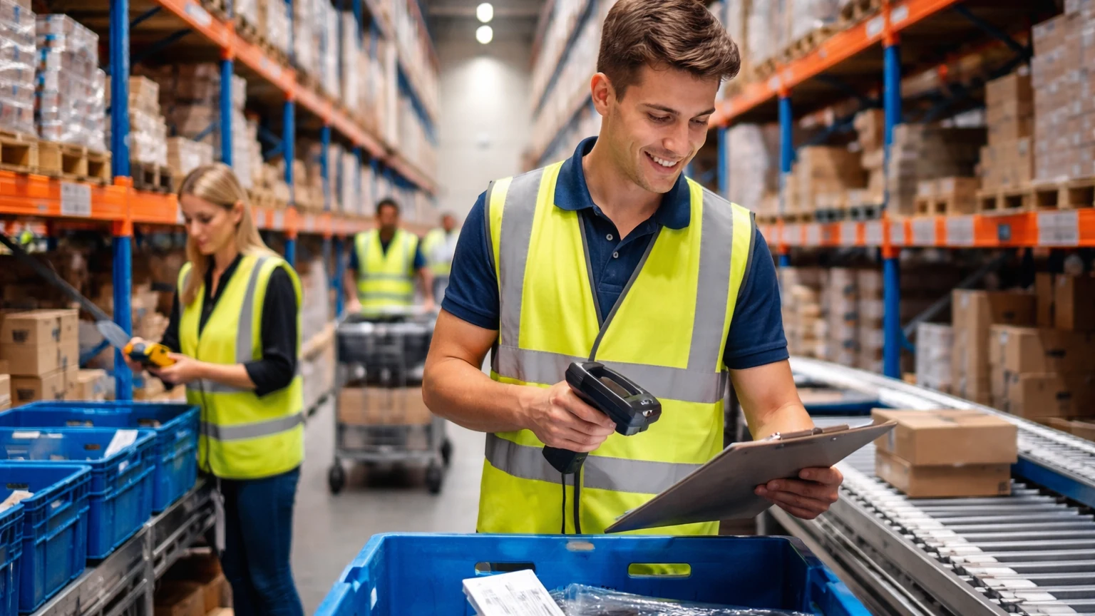 Logistikhelfer in der Kommissionierung mit sichtbaren Köpfen im oberen Bildbereich und moderner Lagerumgebung.