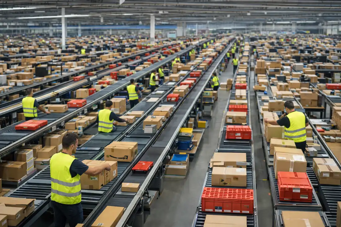 Lagerhelfer im Logistiklager in einer modernen Lagerhalle mit Regalsystemen, Transportwegen und strukturierter Lagerlogistik.