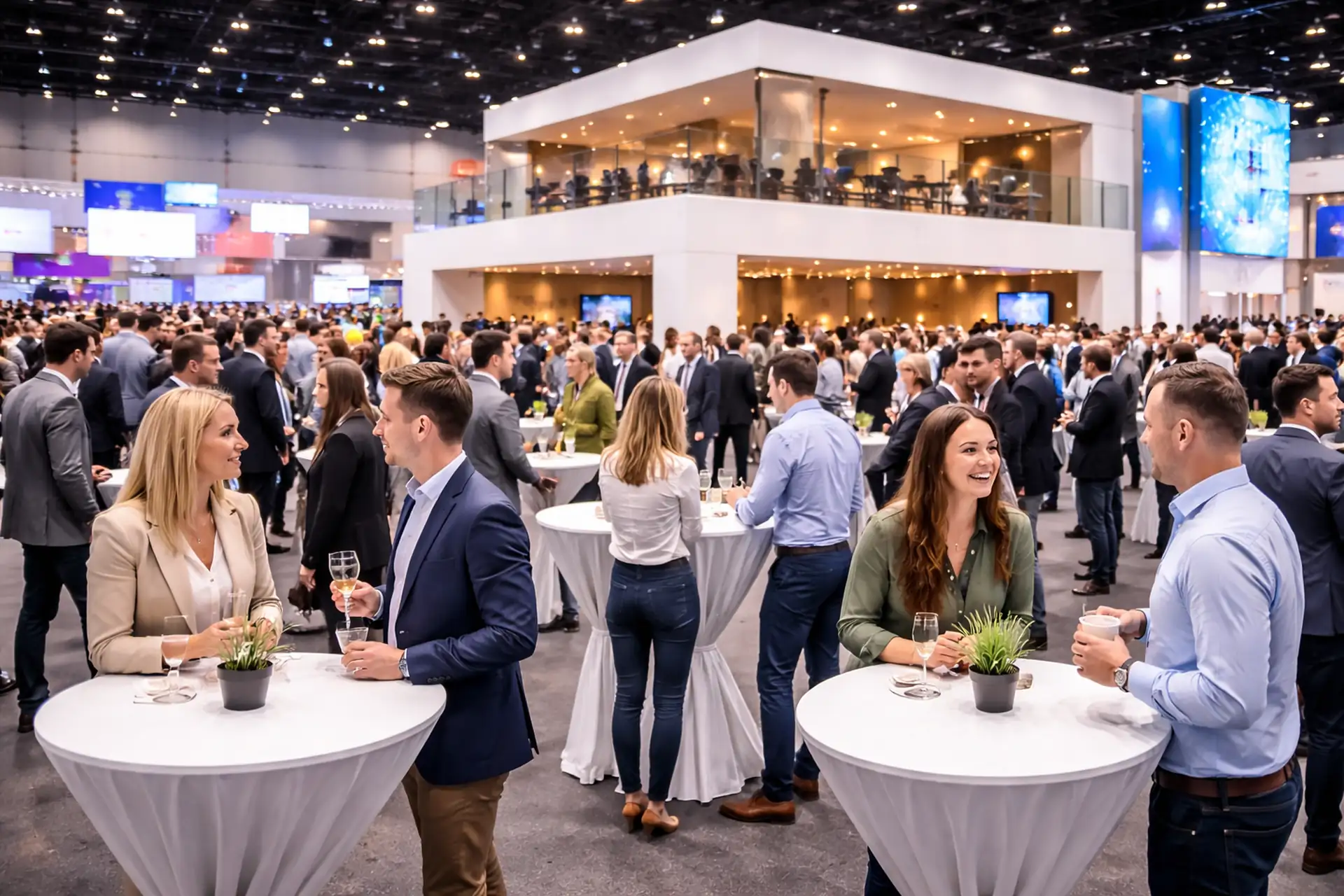 Messehelfer Event in einer Messehalle mit sichtbaren Mitarbeitern, Besuchern und laufendem Veranstaltungsbetrieb.