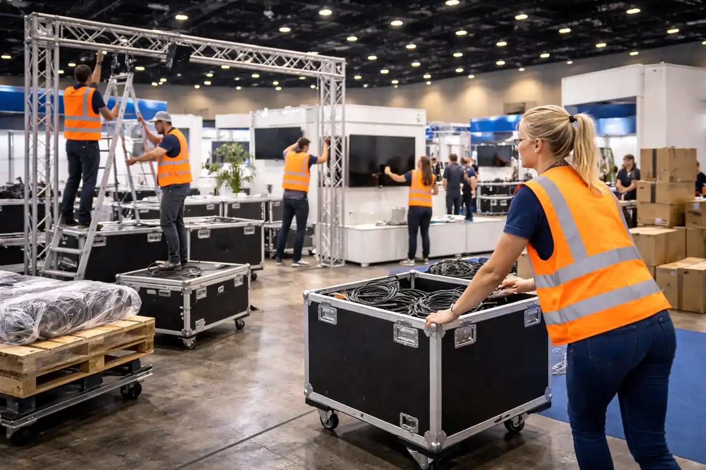 Messehelfer beim Messeaufbau mit Eventtechnik. Strukturierte Planung und Koordination für Auf- und Abbau auf Messen.