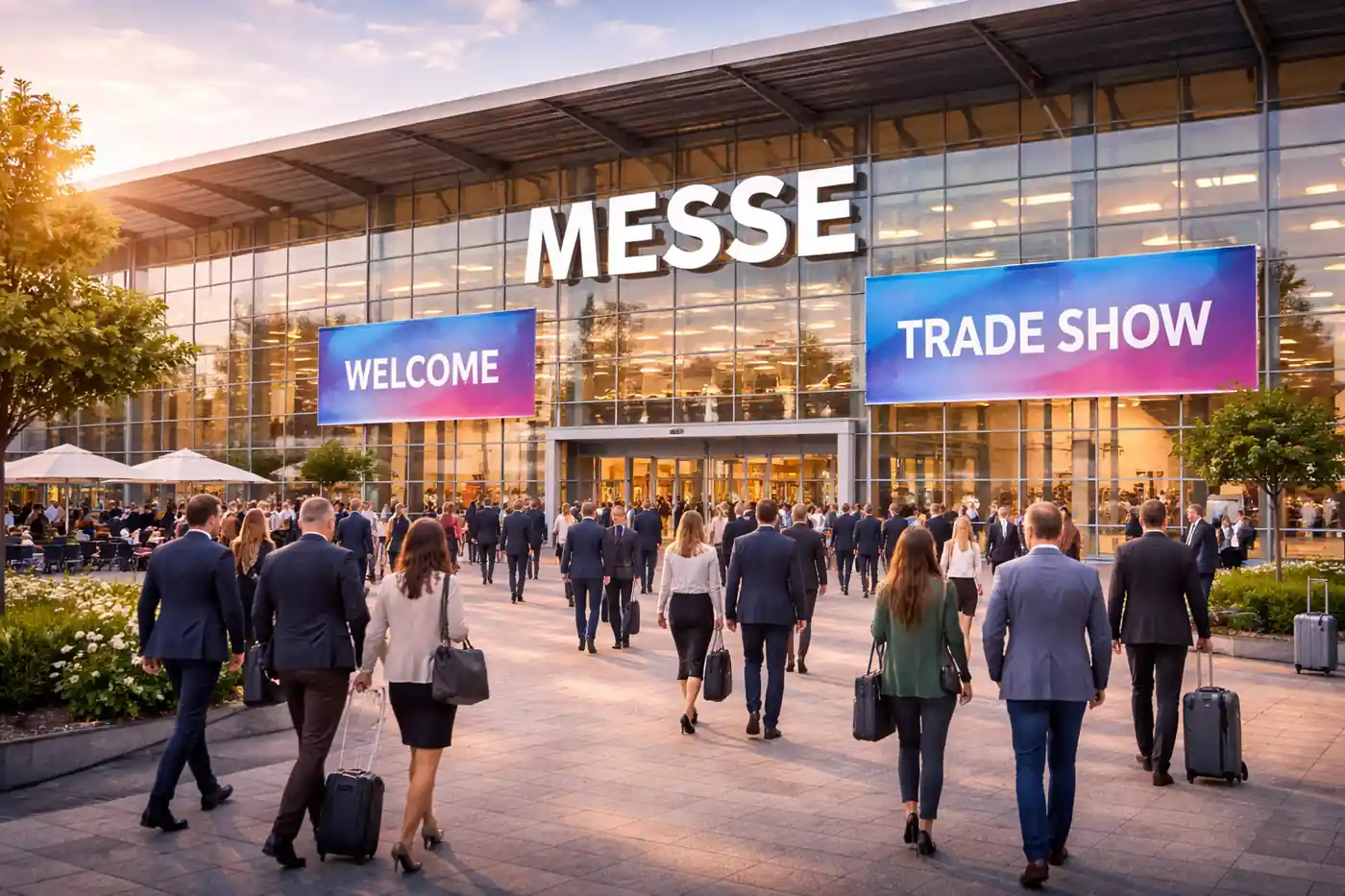 Außenansicht einer Messehalle für Eventbetrieb mit professioneller Veranstaltungsinfrastruktur.