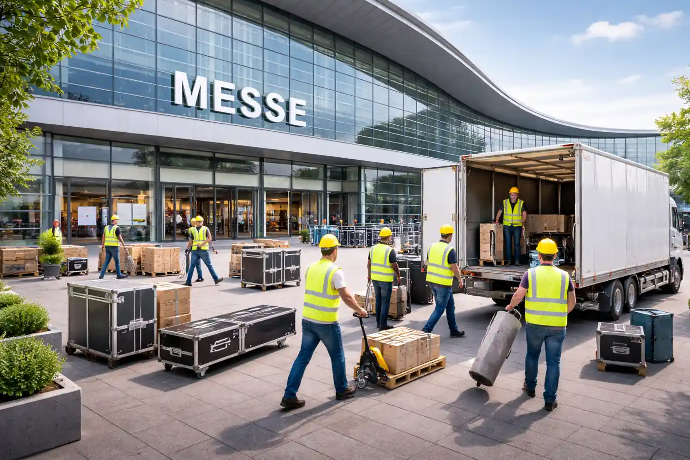 Außenansicht einer Messehalle als professioneller Standort für Messeaufbau und Veranstaltungslogistik.