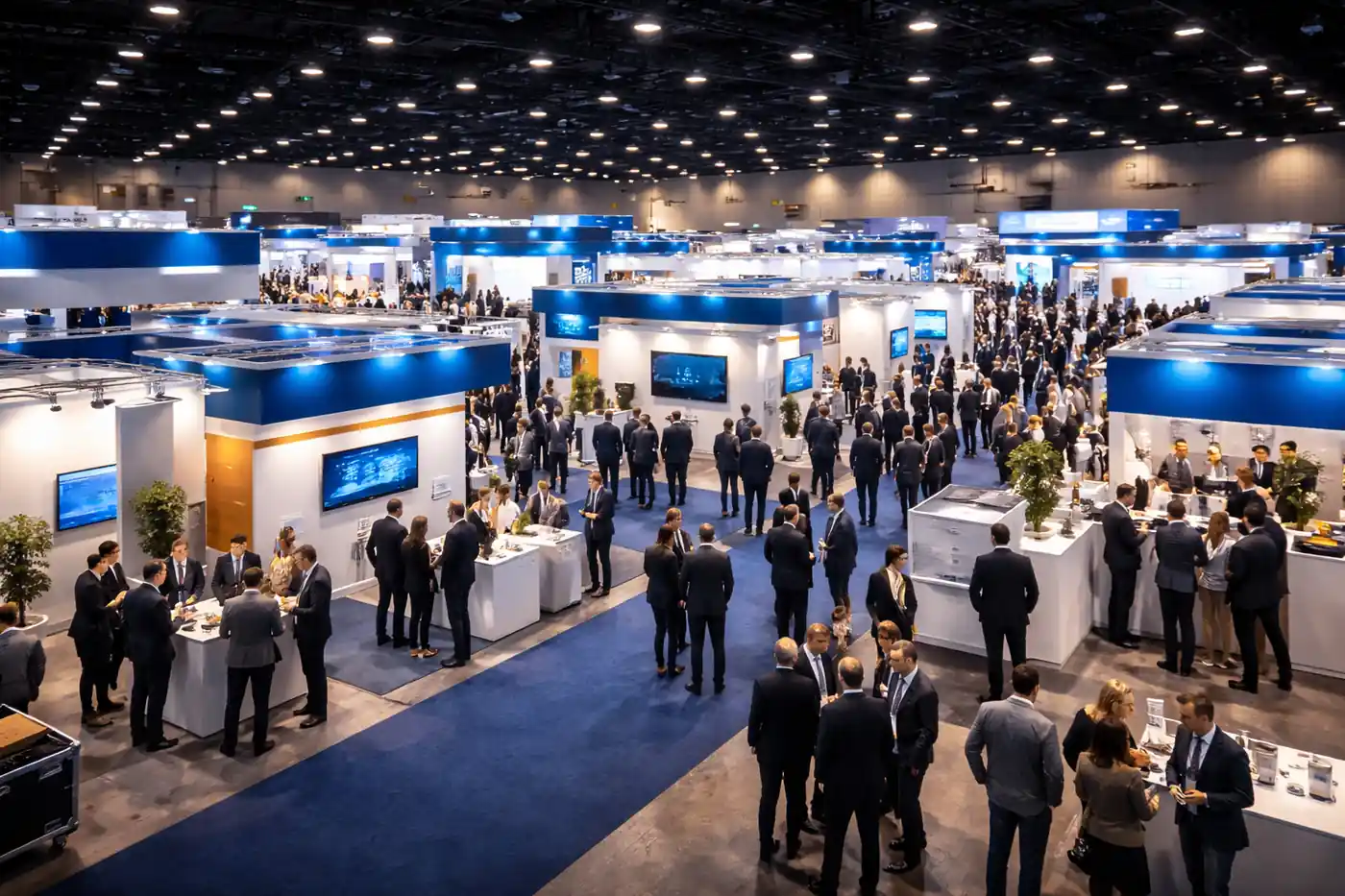 Große Messehalle mit Besuchern. Messehelfer unterstützen bundesweit bei Besucherführung, Standbetreuung und Eventabläufen.