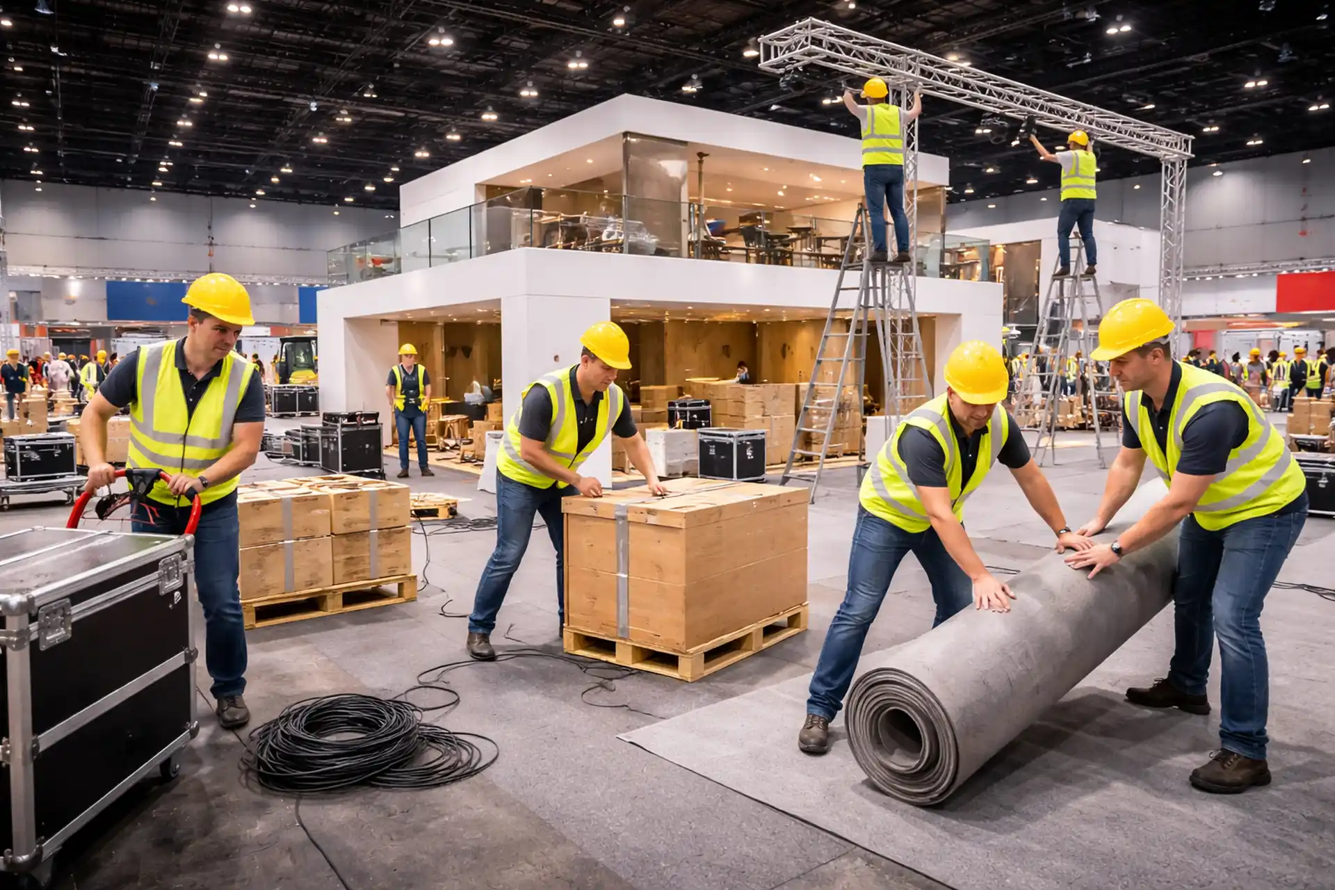 Messehelfer beim Abbau eines Messestands mit sichtbaren Köpfen im oberen Bildbereich und laufenden Rückbauarbeiten in einer Messehalle.