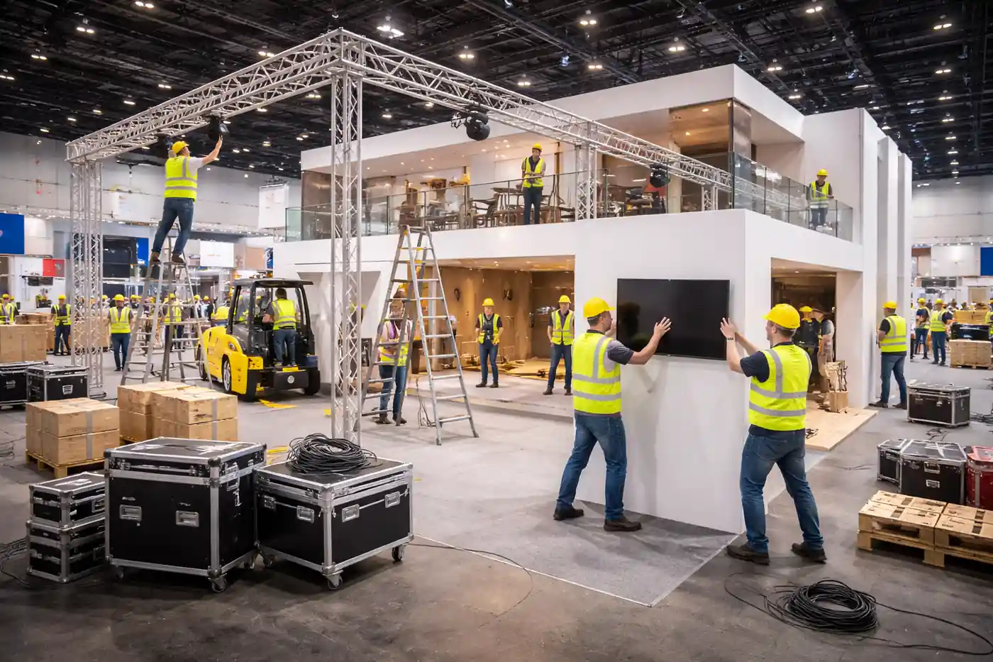 Messehelfer an einem Messestand bei strukturierten Arbeiten rund um Standmodule und Messeelemente.