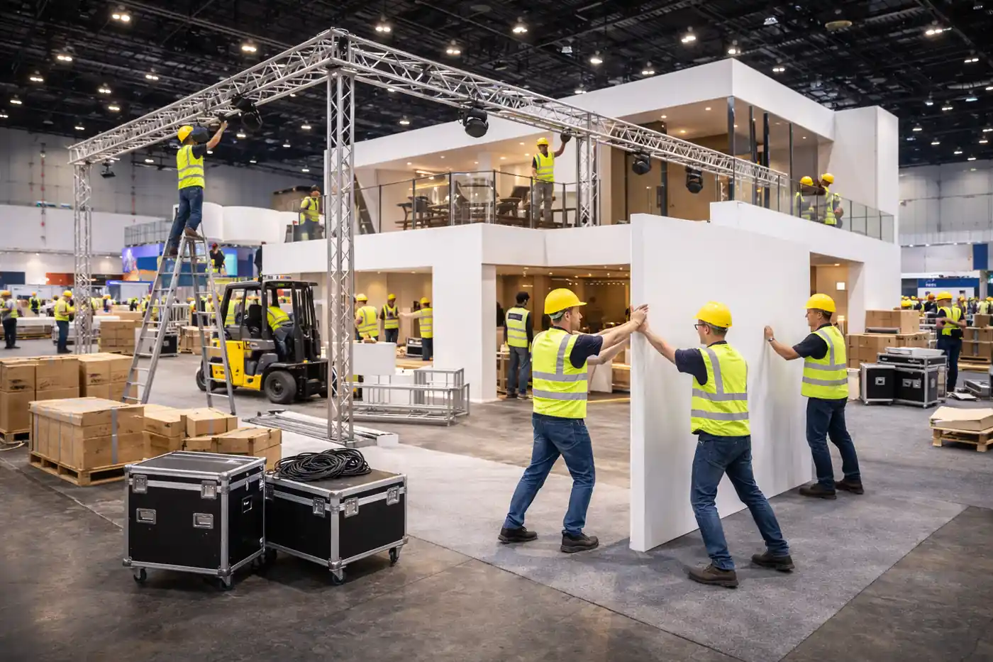 Messehalle mit Standkonstruktionen und laufenden Arbeitsprozessen rund um Messeaufbau und spätere Rückbauorganisation.