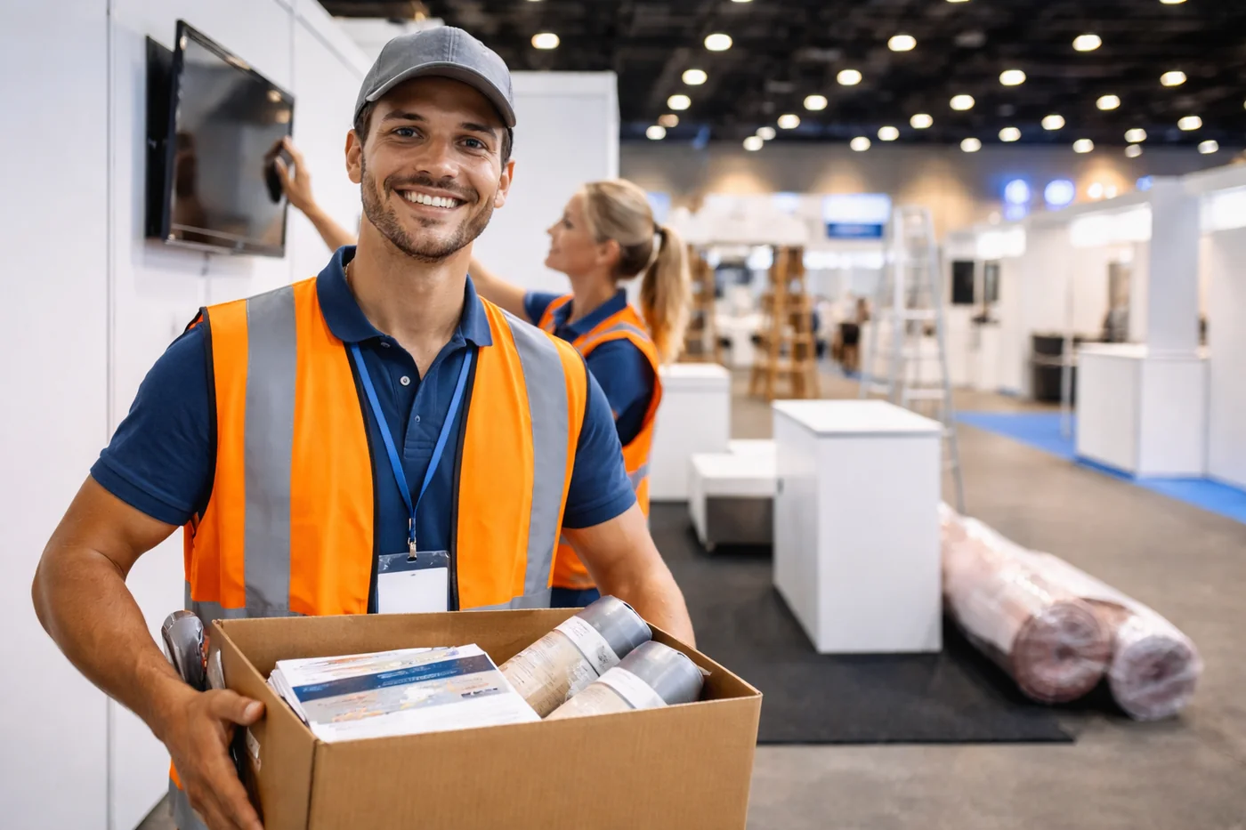 Messehelfer beim Messeaufbau und Eventpersonal im Einsatz. Unterstützung für Auf und Abbau, Standservice und Veranstaltungsabläufe.